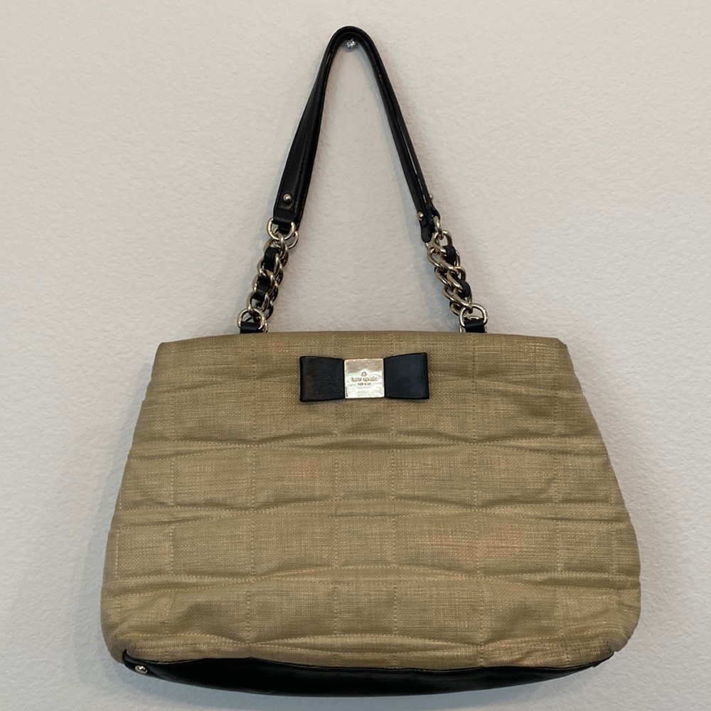 KATE SPADE Textured woven cream and black leather bow tie chain shoulder bag